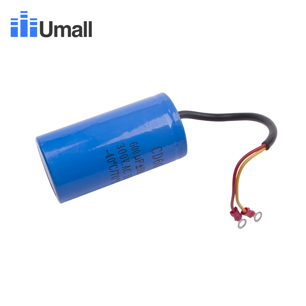 CD60 600 мкФ 300V AC Пусковой конденсатор для сверхмощного электрического двигателя Воздушный компрессор красный желтый два провода