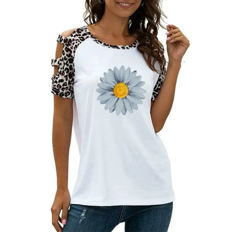 

Summer Women Fashion Top Daisy Print Short Sleeve Hollow Out T-Shirt Female Round Neck Casual Loose Women Tops