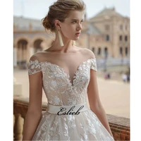princess wedding dress flower lace off shoulder illusion v neckline wedding dresses sash lace up back court tail