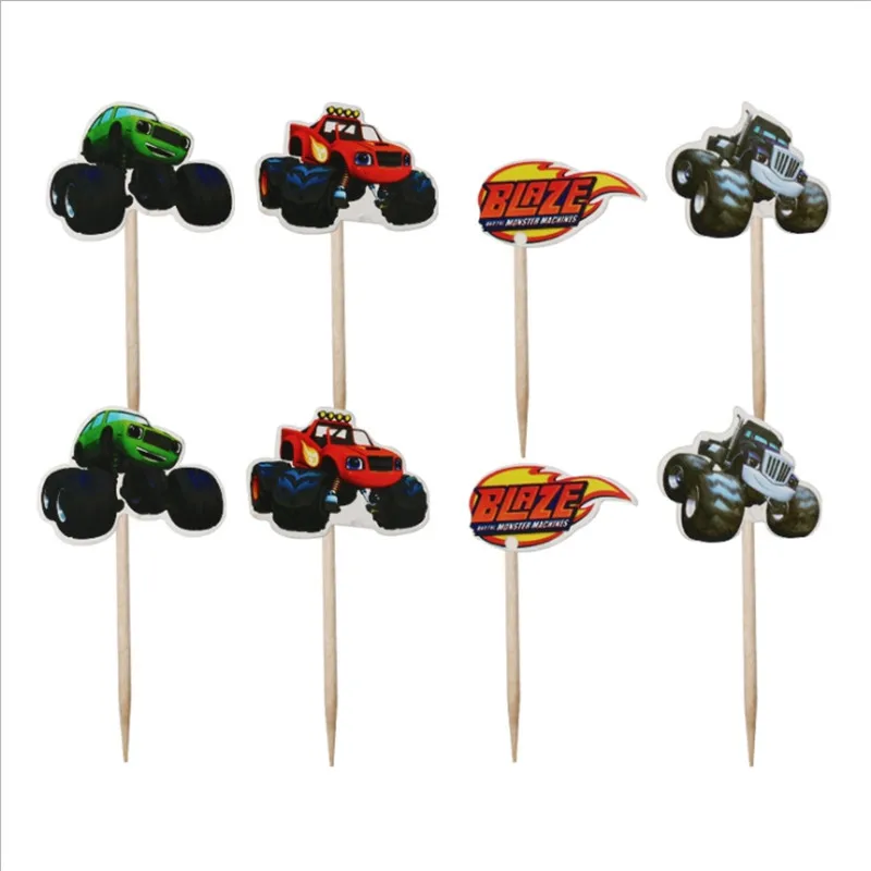 

24pcs/lot Birthday Party Decoration Blaze Monster Machines Theme Cupcake Toppers With Sticks Baby Shower Boys Favors Cake Topper