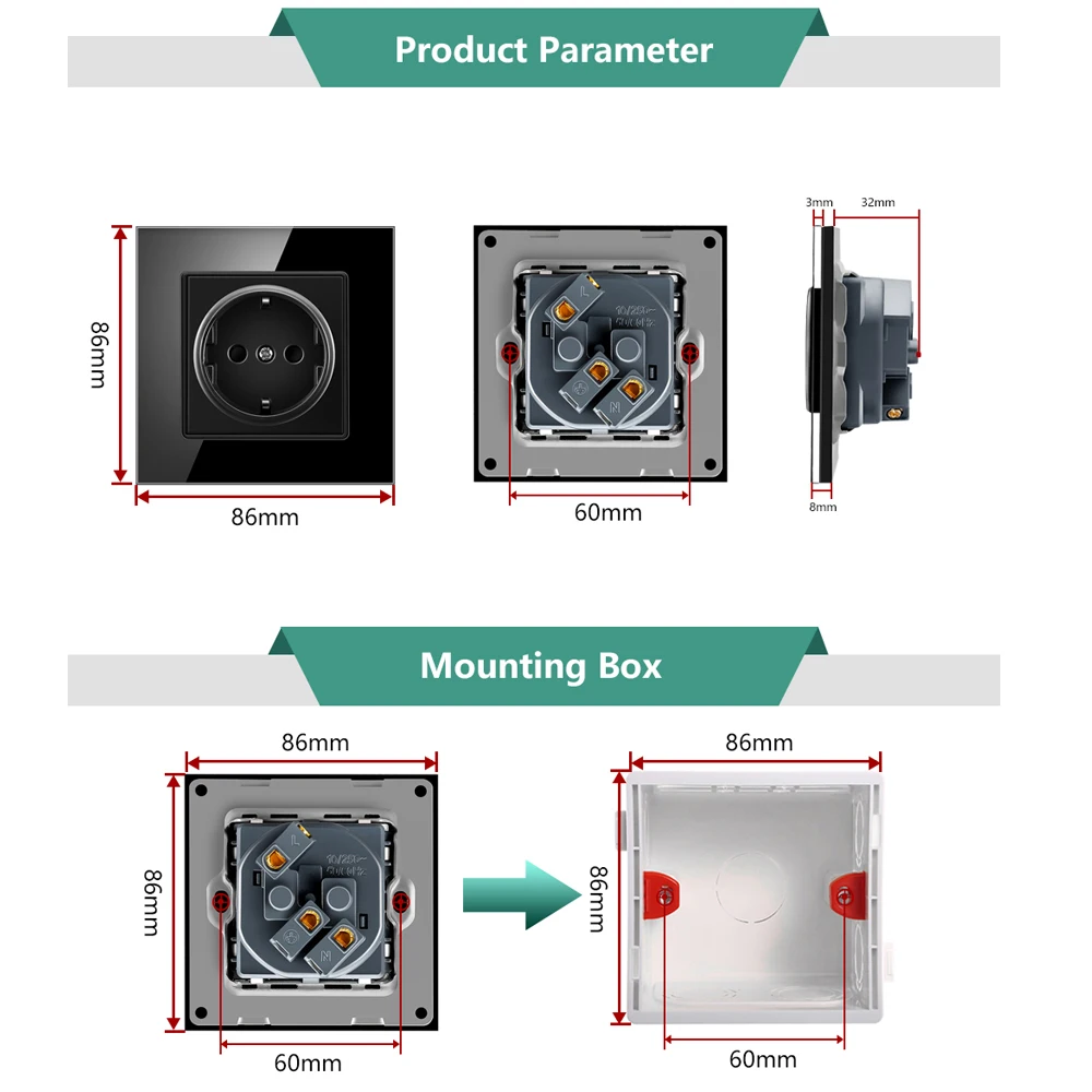 BONDA Wall Socket Tempered Glass Panel EU Standard Kids Child Safety Protection Electrical Power Outlet 86mm * 16A 110~250V |