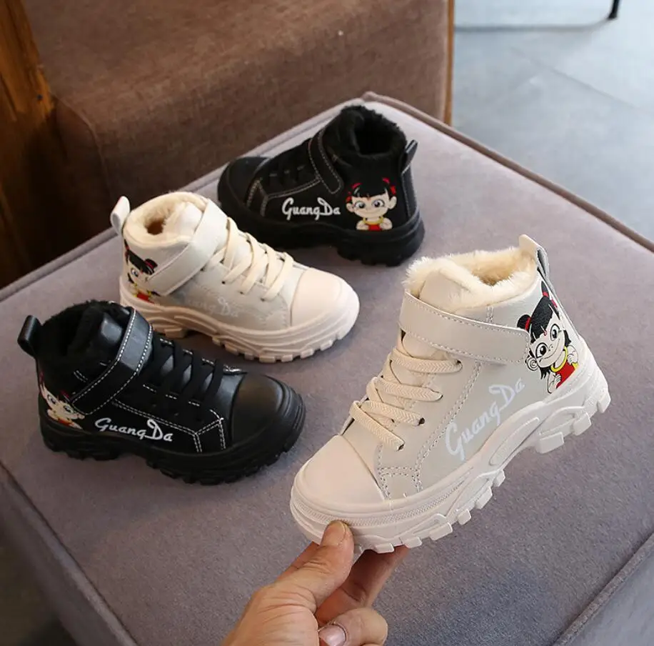 Детские плюшевые ботинки для мальчиков кроссовки Высокие кожаные девочек