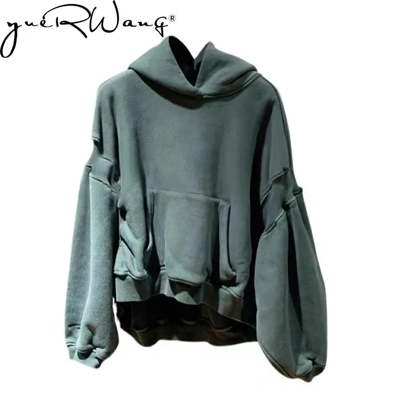 

Yuerwang Women Hoodie Lantern Sleeve Hooded Oversized Hoodie Tops Asymmetry Green Loose Casual Sweatshirt Coats 2022 Fashion