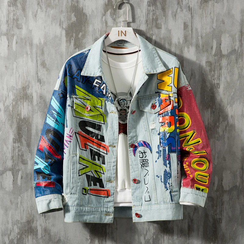 

Hip Hop Fashion Printed Jeans Jacket Men Cotton Casual Streetwear Short Style Denim Jacket Coat for Men Spring Jackets