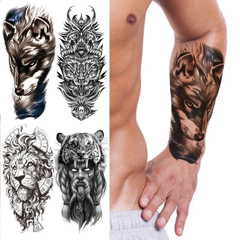 

Нарукавная татуировка для мужчин и мальчиков, сексуальная черная Временная водостойкая татуировка, волк, тигр, Лев, король, племенной дизай...