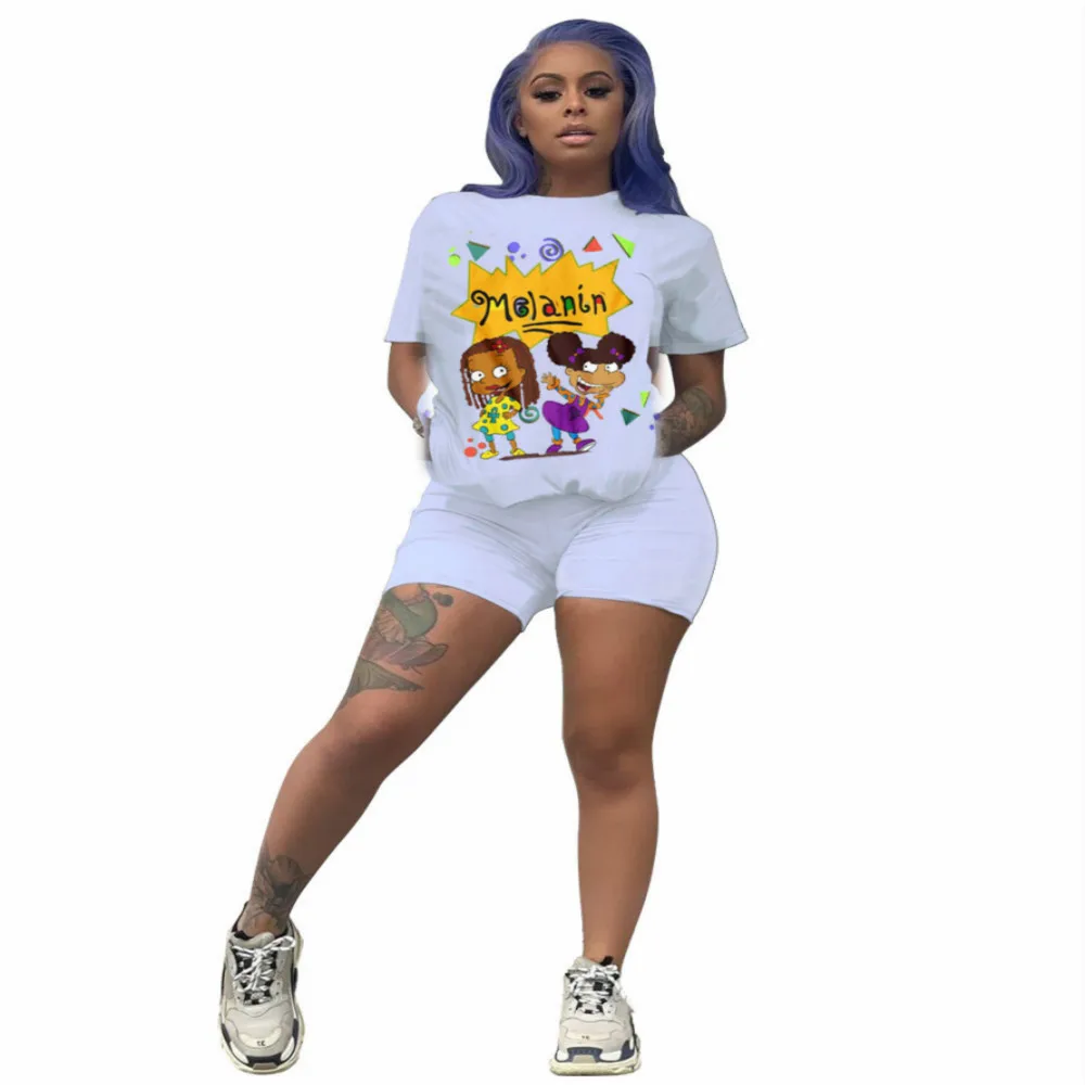 

Women Clothing Sets Summer O-Neck Cartoon Printed T-Shirts Tops Shorts 2 Piece Set Casual Womens Loungewear Set Wholesale Items