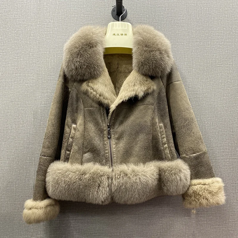 

SHZQ Real Leather Jacket Women Winter Natural Rabbit Skin and Fur Coats with Fox Fur Collar Female Genuine Fur Jackets Ladies Sl