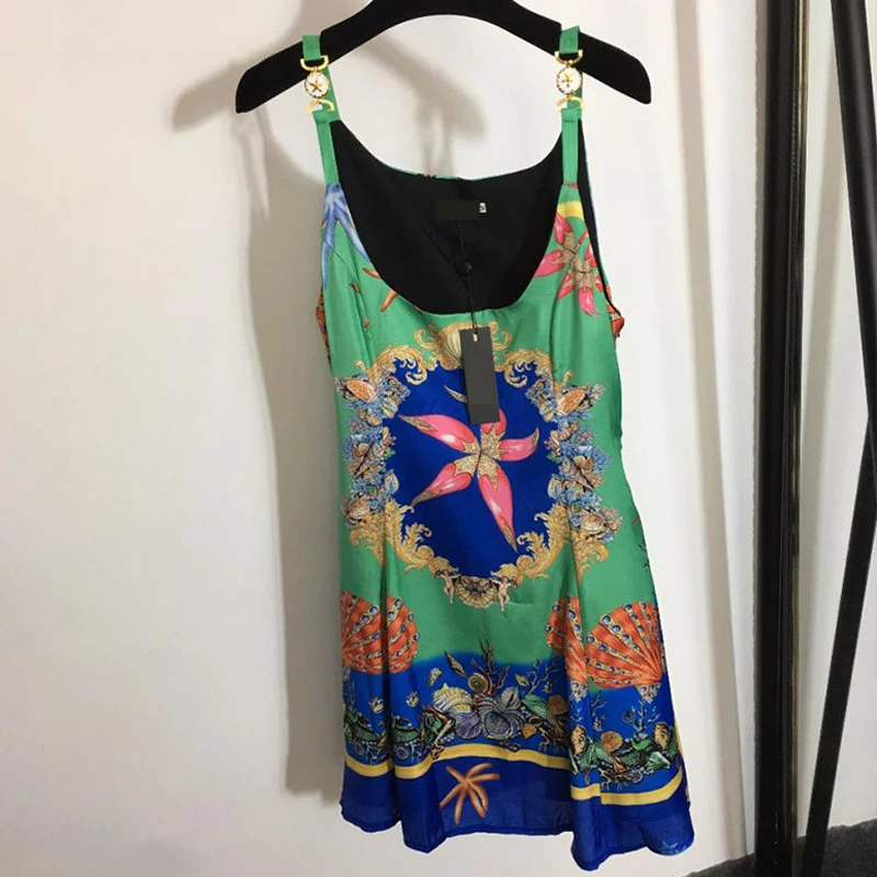 

Beach Boho Green Print Shell Print Hardware U-Neck Starfish Button Sexy Summer Women Sling A-Line Midi Dress Party Clothes 2021