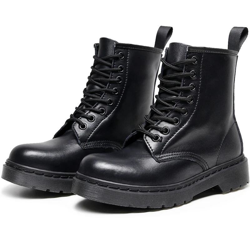 

Genuine Leather Retro Women Boots Lace Up Low Heel Ankle Boots Female Short Boots Pure Black Couples Casual Shoes Booties Botas