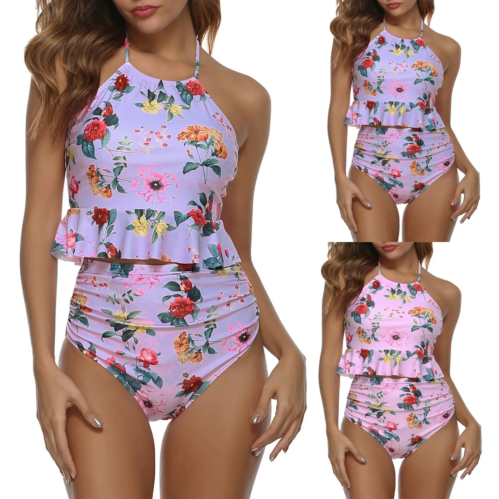 

Women's Fashion Bandage Ruffles Sexy Hanging Neck High Waist Bikini Swimsuit Woman Flowers two Piece Bodysuit Push Up Swim Suit