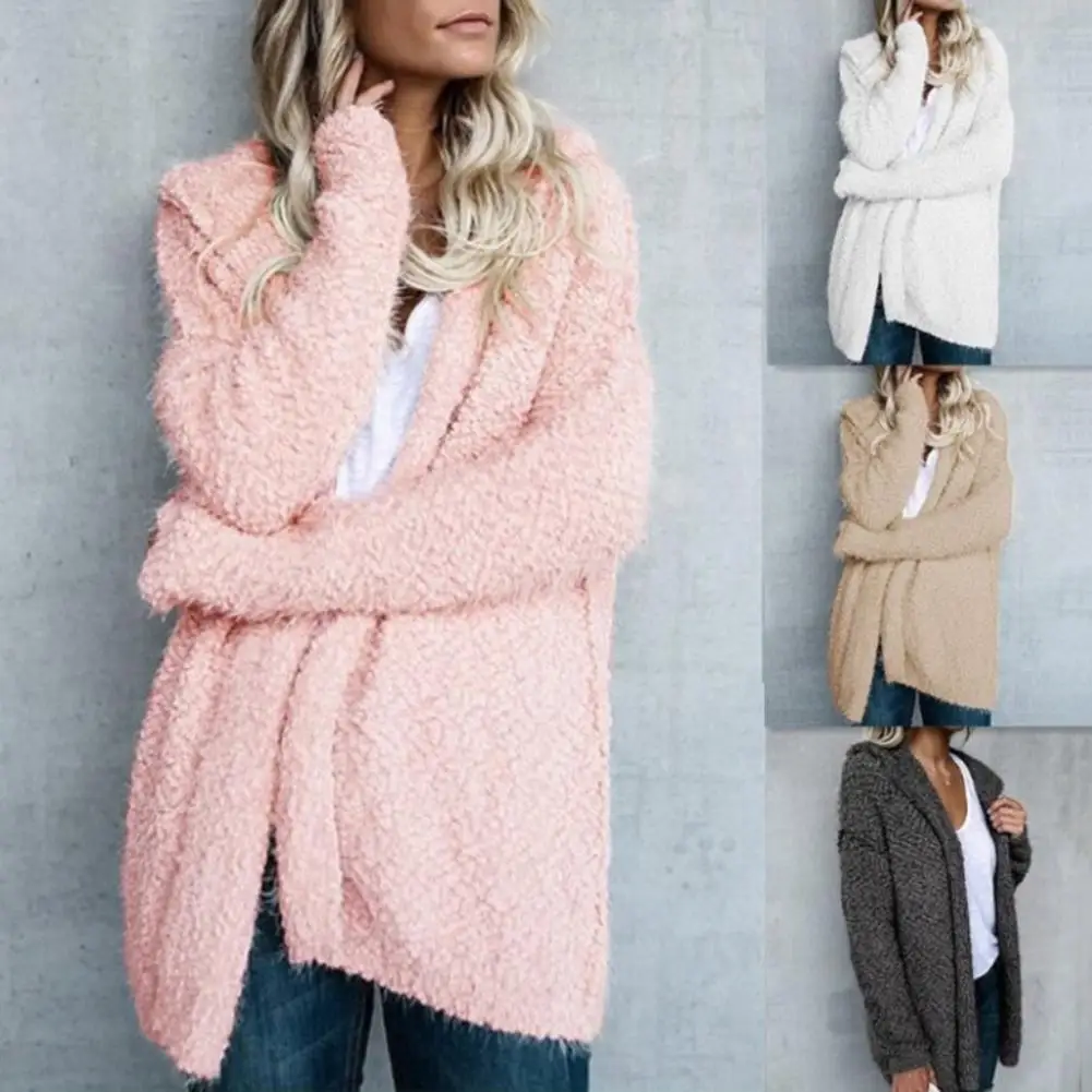 

Women Loose Solid Color Hooded Cardigan Long Sleeve Thin Knitted Outwear Loose Warm Hooded Open Stitch Size S-5XL Cardigan