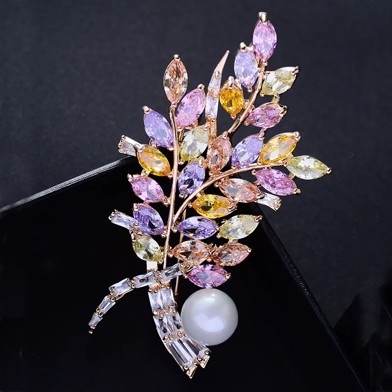

Korean Temperament Jewelry Copper Inlaid Zircon Wheat Brooch Colorful Zirconium Pearl Plant Corsage Coat Accessories for Women