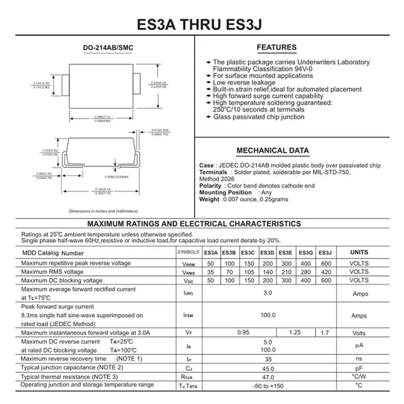50 шт. SMD быстрый выпрямитель диоды DO 214AB RS3M ES5G ES3D ES3J 3A 50V 100V 150V 200V 300V 400V 600V
