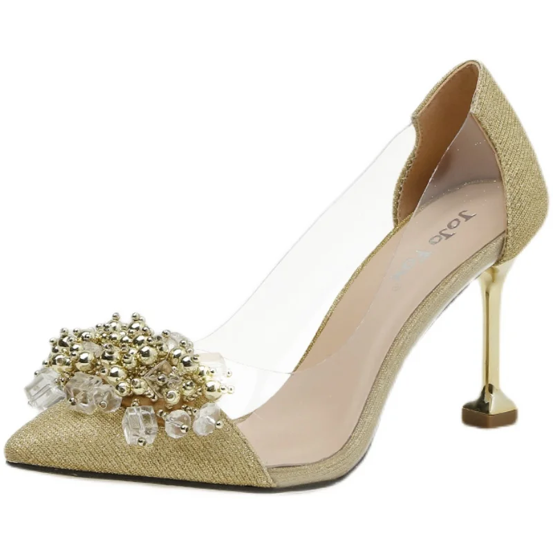 

New Style Pointed Shallow High Heel Single Shoes Bridal Shoes Large Size 35-41 Pumps Flowers Are Transparent