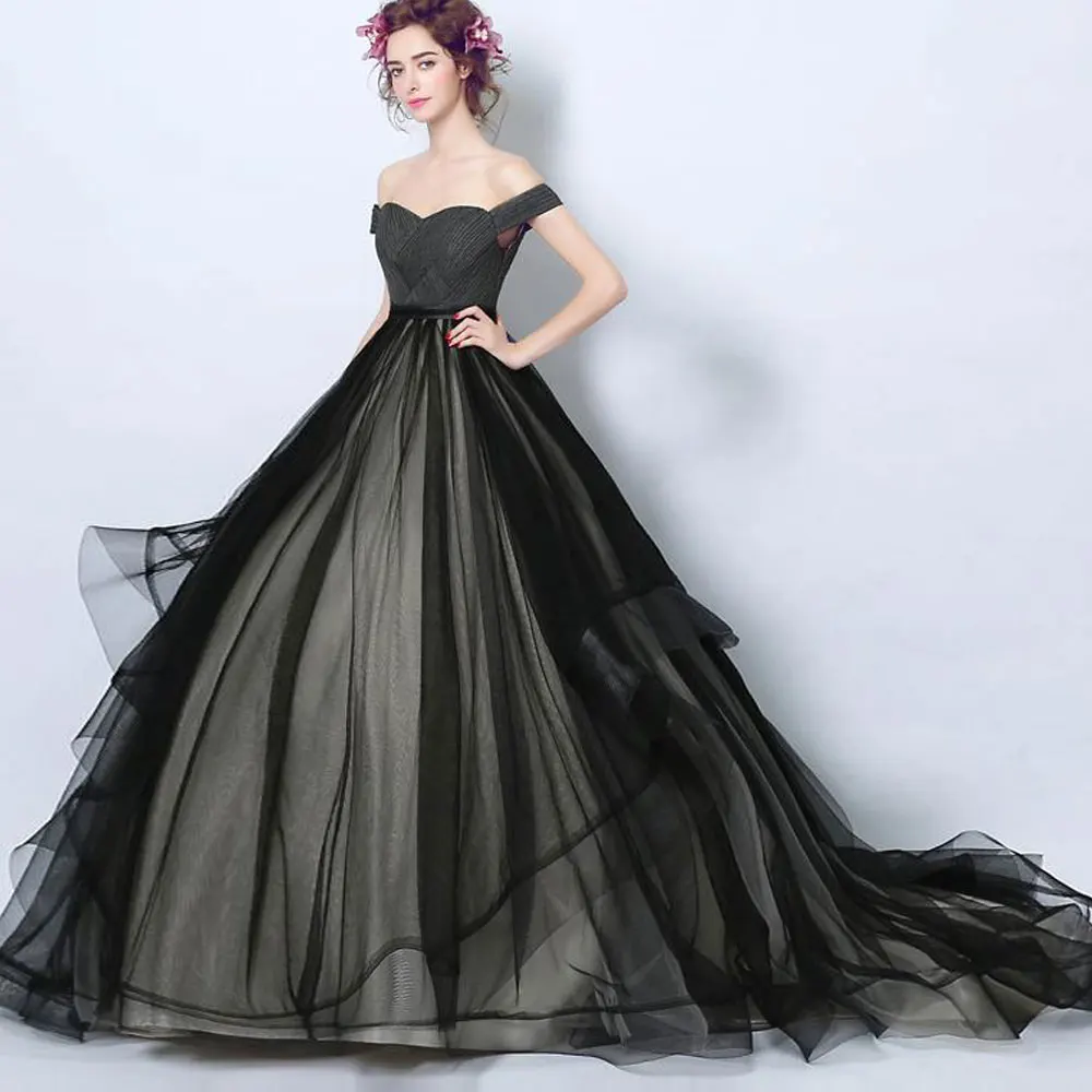 

Black A-line Net/Tulle Sweetheart Off-the-shoulder Sweep/Brush Floor length Fold\Ruffle Banbage Sleeveless Evening Dresses