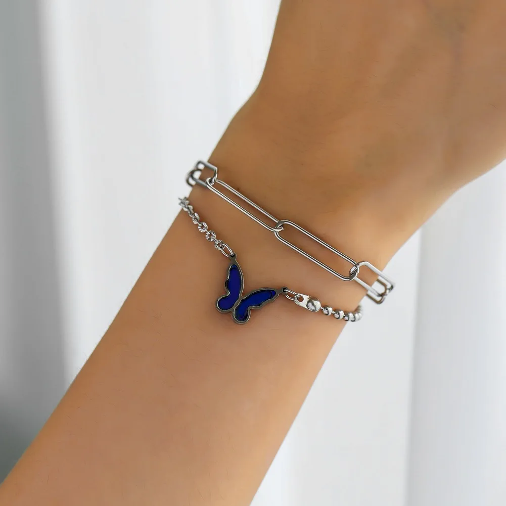 

New Style Texture temperature-changing Color Butterfly Pendant Bracelet fashion double-layer stainless steel chain bracelet