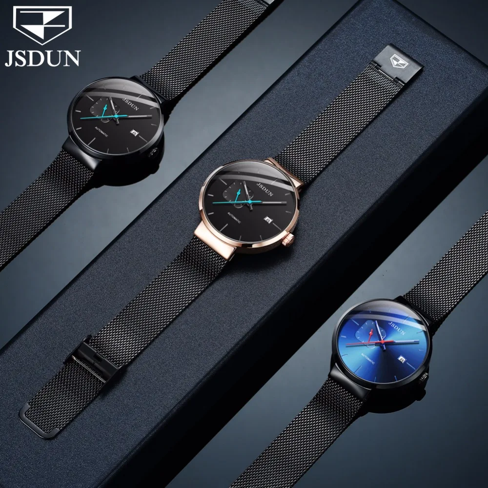 

JSDUN Automatic Men Self Wind Mechanical Clocks Seat belts Inox Steel Business Simple Black Waterproof Bright Men's Watch Date