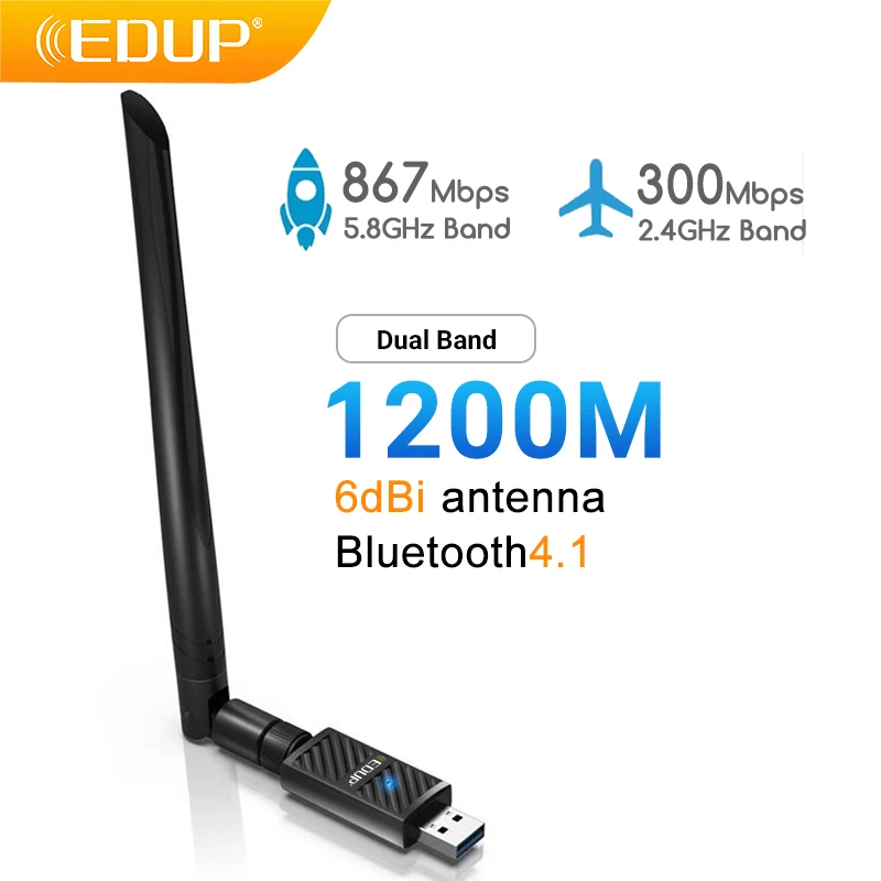 

USB Wi-Fi адаптер EDUP 1200 Мбит/с, 2,4 ГГц/5 ГГц, двухдиапазонный, Bluetooth 4,1, 6 дБи, с высоким коэффициентом усиления, чипсет RTL, Wi-Fi сетевая карта для ПК
