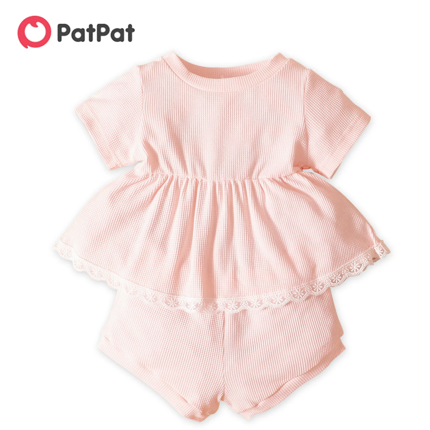 

PatPat 2pcs Baby Girl Short-sleeve Flounced Solid Cotton Baby's Sets