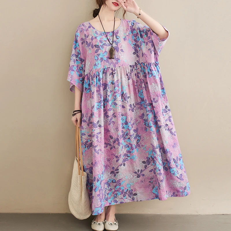 

New Plus Size Women'S Dress Maxi Dress 2021 Summer Dress Elegant Fashion Vintage Print Cotton Linen Bat Sleeve Ladies Dresses