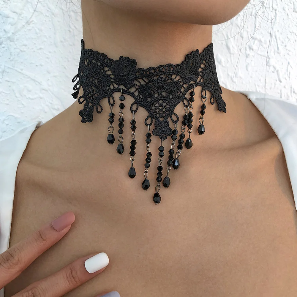 

SRCOI Gothic Wide Black Flower Lace Chokers Necklaces Women Punk Gothic Crystal Tassel Choker Sweet Vintage Collares Necklace