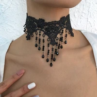 srcoi gothic wide black flower lace chokers necklaces women punk gothic crystal tassel choker sweet vintage collares necklace