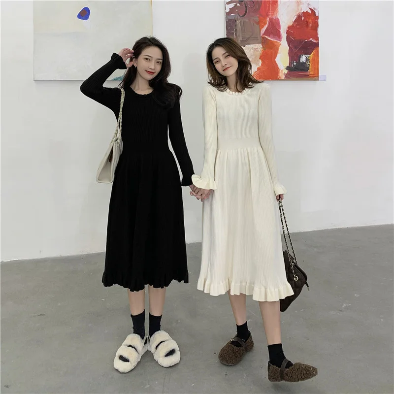 

Women's Slim-Fit Base Knitting Dress Mid-Length Autumn and Winter Waist-Tight Woolen Skirt Rac