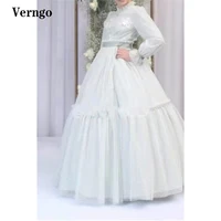 verngo princess dotted tulle long sleeves flower girls dresses high neck tiered skirt a line girls pageant gowns formal dress
