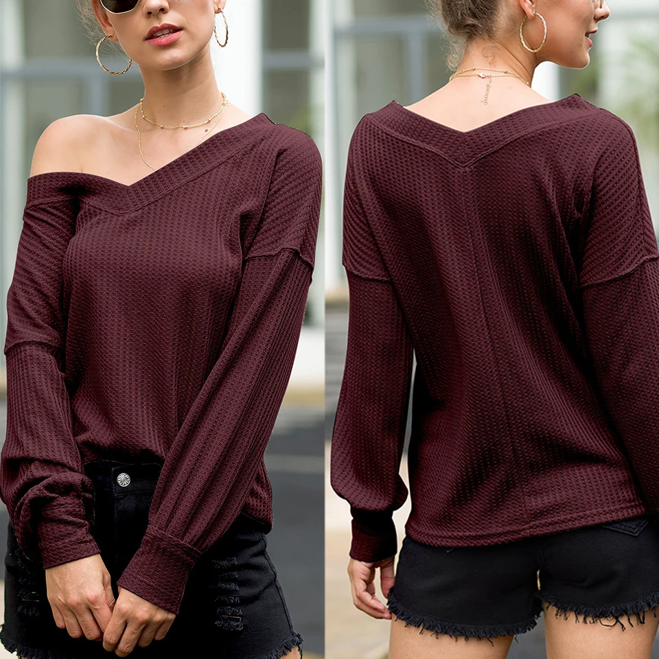 

Waffle Knit Deep V Neck T Shirt Plunge Convertible Open Bare Shoulder Street Sexy Clothes Lantern Sleeve Shirt Women Solid Color