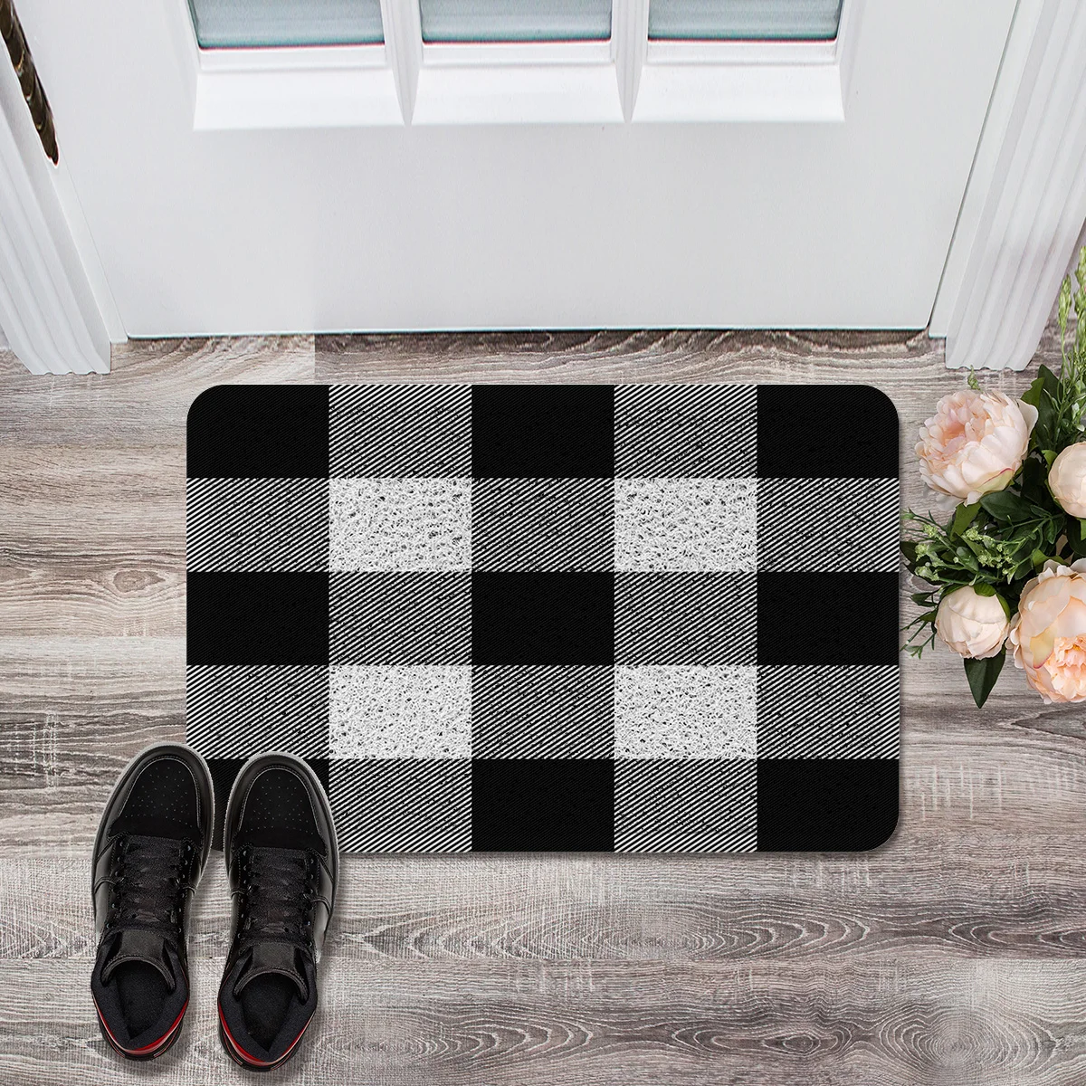 Черно белый мозаичный сетки Buffalo Check прочный резиновый дверной коврик