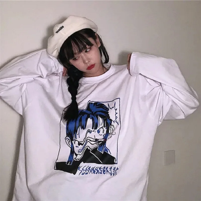 Street Korean Park Cartoon Anime Printed Solid Color Round Neck Loose Long Harajuku Sleeve T-Shirt Base Top Garbage Punk Retro