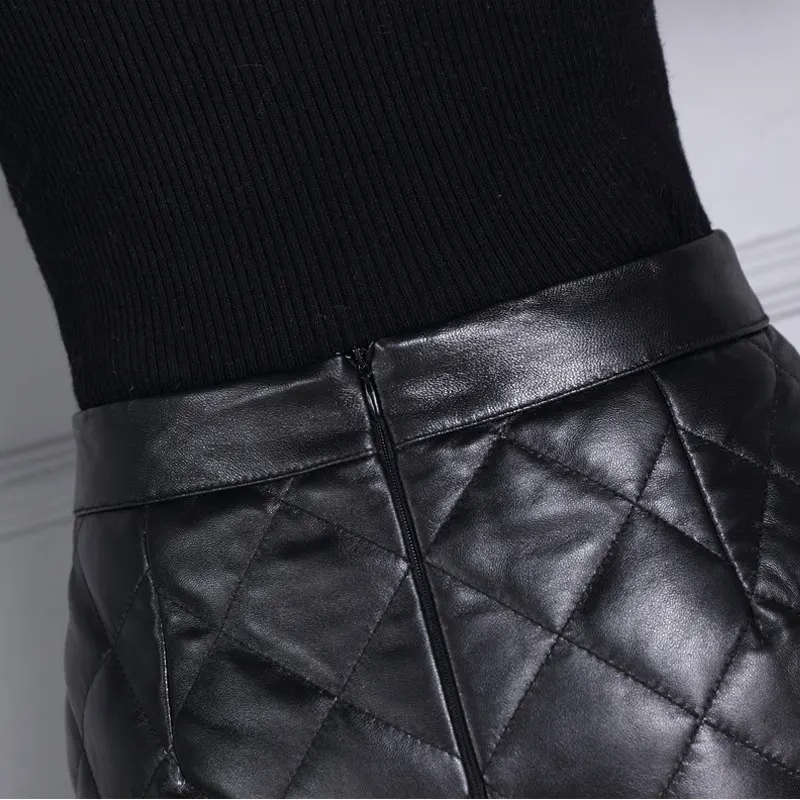 

Real Streetwear Leather 100% Trumpet Skirt OL Style High Waist Plaid Sheepskin Ruffle Skirt Winter New Midi Skirts Plus Size
