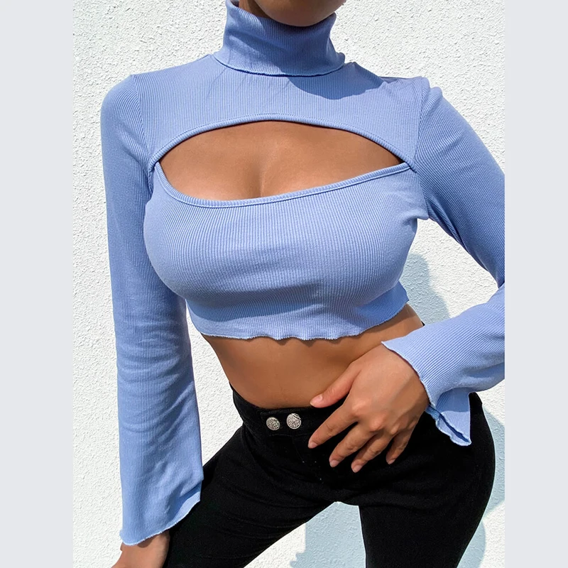 

Women's Sexy Slim Fit Hollow Out Knitted T-shirts Solid Color Turtleneck Long Sleeve Tee Shirts Pullover