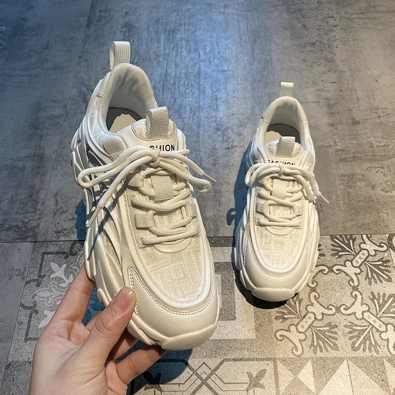 

ELLALEE Genuine Leather Women Chunky Vulcanize Shoes Platform High Quality Lace-Up White Gray Spring Comfort Soft Sneakers