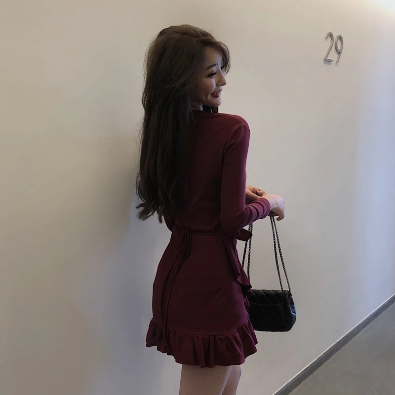 

High Quality Ruffle Long Sleeve Mini Dress for Women Sexy Bandage Skinny Corset Short Dress Spring 2021 Female Fashion One Piece