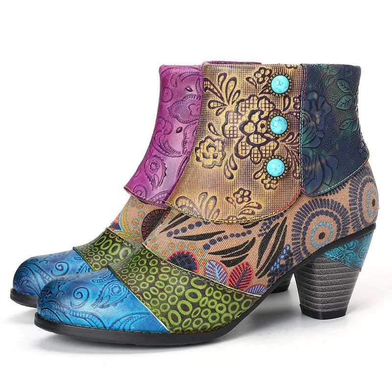 

2021 Women Ethic Print Ankle Boots Autumn Winter Ladies String Bead Mid Heels Woman Casual Pumps Plus Size Female Zipper Shoes
