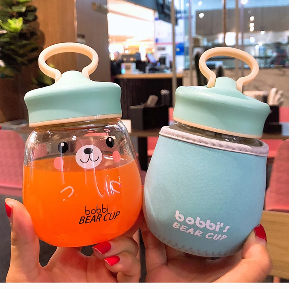 Kawaii стеклянная бутылка для воды, портативная чашка с милым медведем, чайное ситечко, герметичная Питьевая Бутылка для девочек, студентов, детей