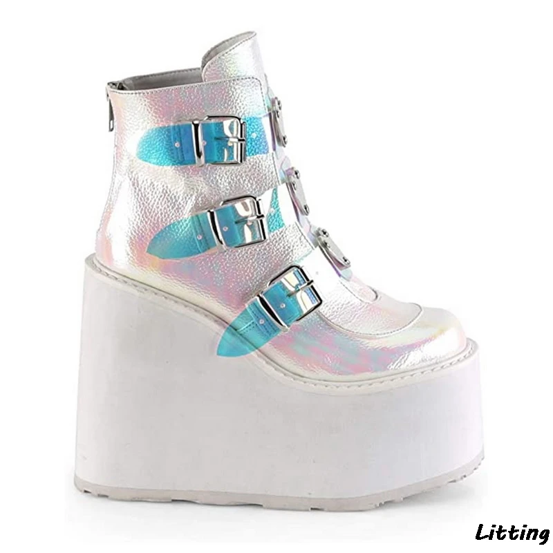 2020 Winter Metal Buckle Ankel Boots Women Punk Female Platform Wedges High Heel PU Botas Mujer Plus Size | Обувь