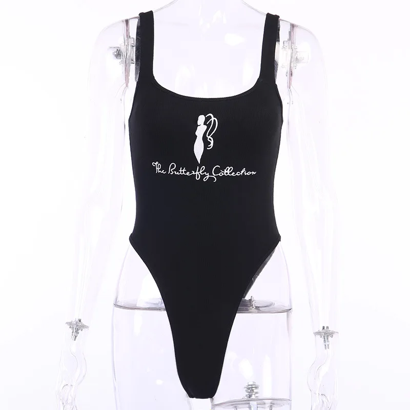 Женский трикотажный облегающий боди с вышитыми бабочками и надписью FASHSTREET