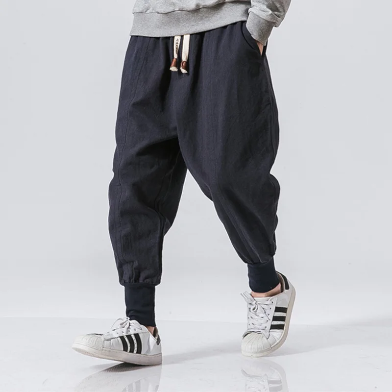 Mens Harem Pants Cotton Japanese Male Casual Trousers Linen Man Joggers Pants Black Grey Fashion Baggy Pants