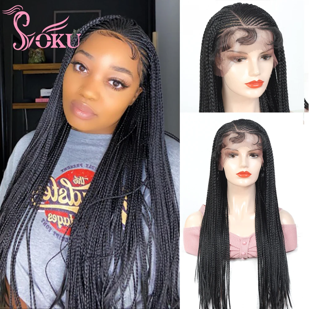 13x6 Lace Frontal Braided Wig Lace Front Wig with Baby Hair For African Black Women 28 Inches SOKU Box Braids Synthetic Wig