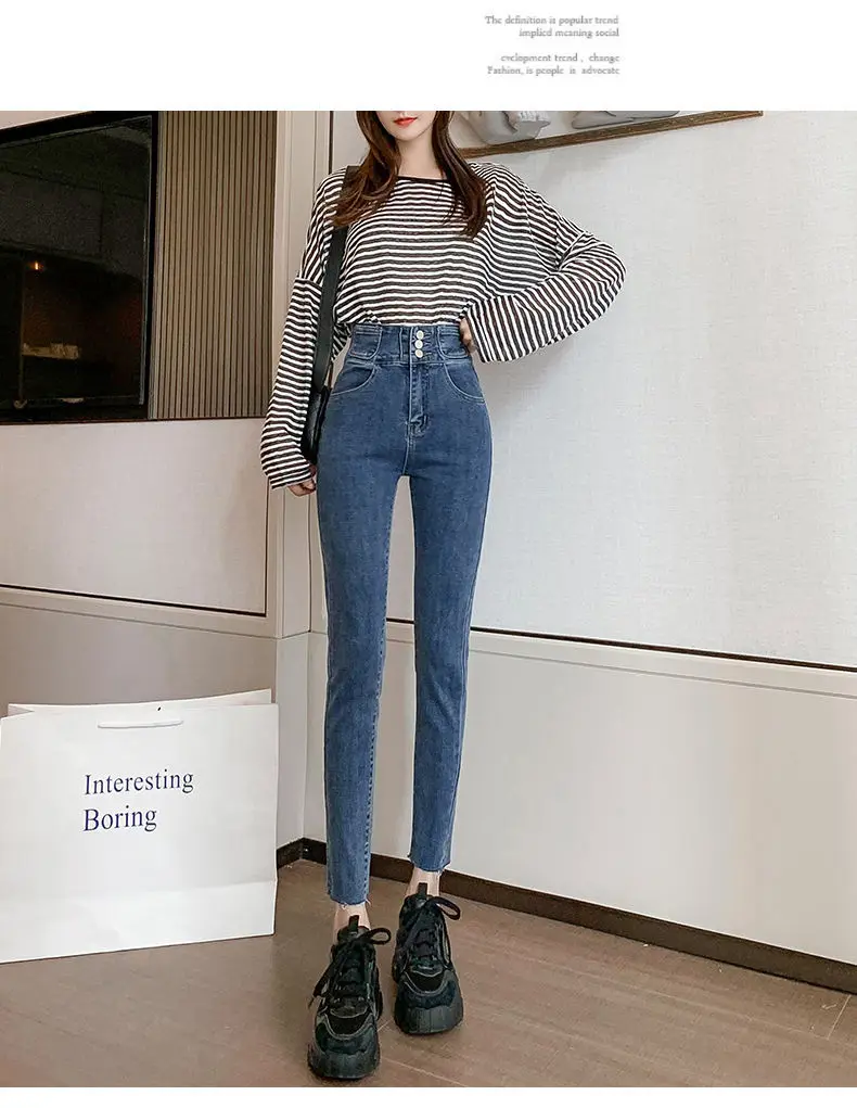 

Woman Jeans Pants Autumn High Waist Breasted Blue Skinny Pants