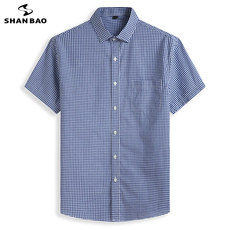 

SHAN BAO Classic Small Plaid 100% Cotton Shirt 2021 Summer Youth Casual Brand Large Size Loose Office Shirt 5XL 6XL 7XL 8XL 10XL