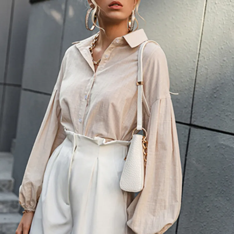 

Женская рубашка в стиле ретро, однотонная элегантная повседневная свободная короткая рубашка с рукавами-фонариками, весна-лето 2021