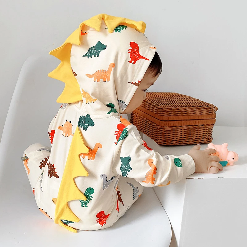 

Новинка осени 2021, детская одежда MILANCEL, комбинезон с капюшоном и рисунком динозавра, хлопковый комбинезон для новорожденных, цельная повседн...