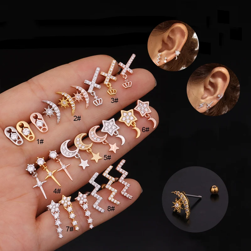 Sellsets Новый 1 шт. 20g Нержавеющая сталь бар и Cz с изображением Луны звезд ушной хрящ