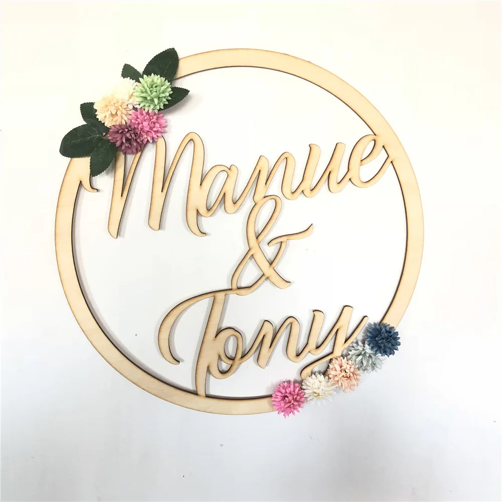 Custom Wreath Wooden Wedding Circle Hanging Personalized Couples Name Flower Sign Romantic Wooden Marriage Party Decorations