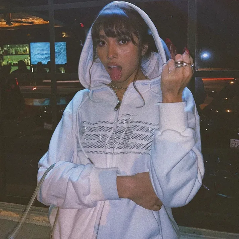 

Y2k Vintage Fashion Rhinestone Zipper Oversized Hoodies Solid Letter Long Sleeve Black E-girl Sweatshirts Autumn Outfits 2021