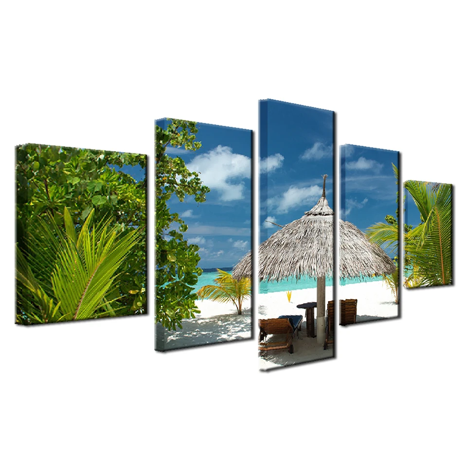 

Canvas Paintings Wall Art Room HD Prints 5 Pieces Tropical Island Pictures Palm Trees Beach Seascape Poster Home Decor Framework