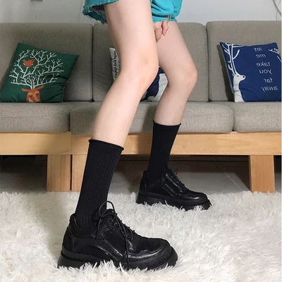 

Handsome Thick-soled Woman Shoes 2020 Spring Autumn Microfiber New Wild Black White Color Matching Lace-up Sports Shoes 2021